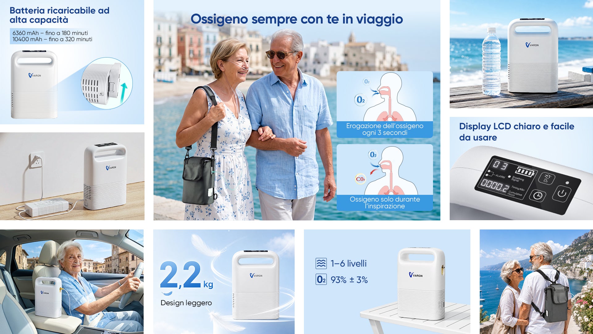 VARON VP-2 | Concentratore di ossigeno portatile a flusso pulsato, con batteria, ossigeno al 93%, lunga durata della batteria, certificazione CE