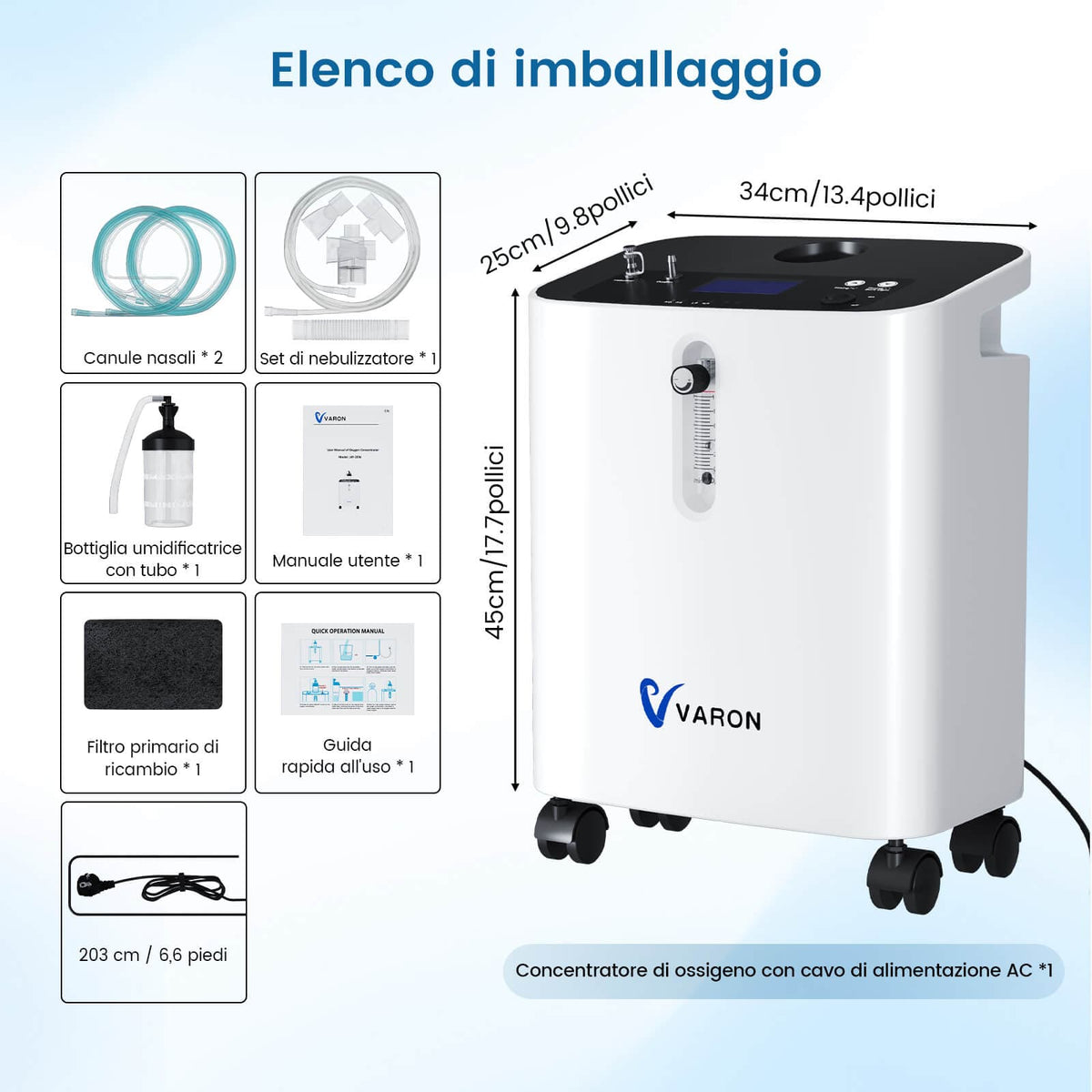 VARON VH-3 PRO | Concentratore di ossigeno per uso domestico, erogazione continua, certificazione CE (1–10 livelli)