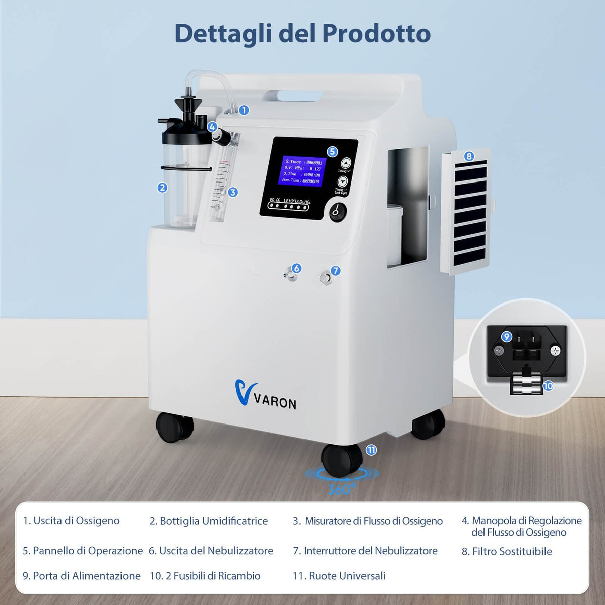 VARON Serene 5 | Concentratore di ossigeno domestico di grado medico approvato FDA, flusso 0,5–5 L/min