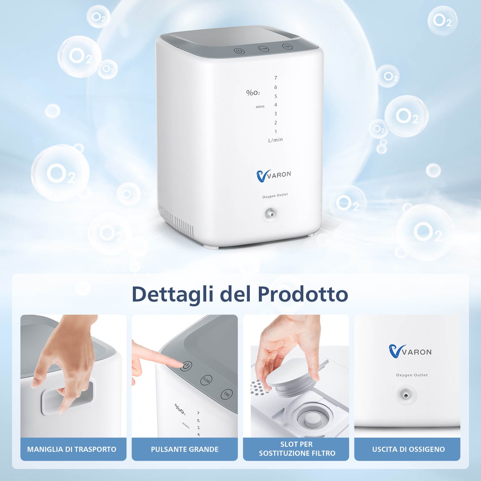 Concentratore di ossigeno VARON VH-3 per uso domestico, flusso regolabile 1–7 L/min