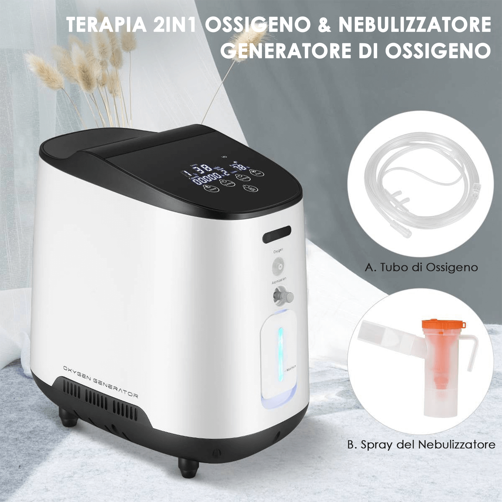 Concentratore di ossigeno VARON VH-2 per uso domestico, 1–7 L/min regolabile