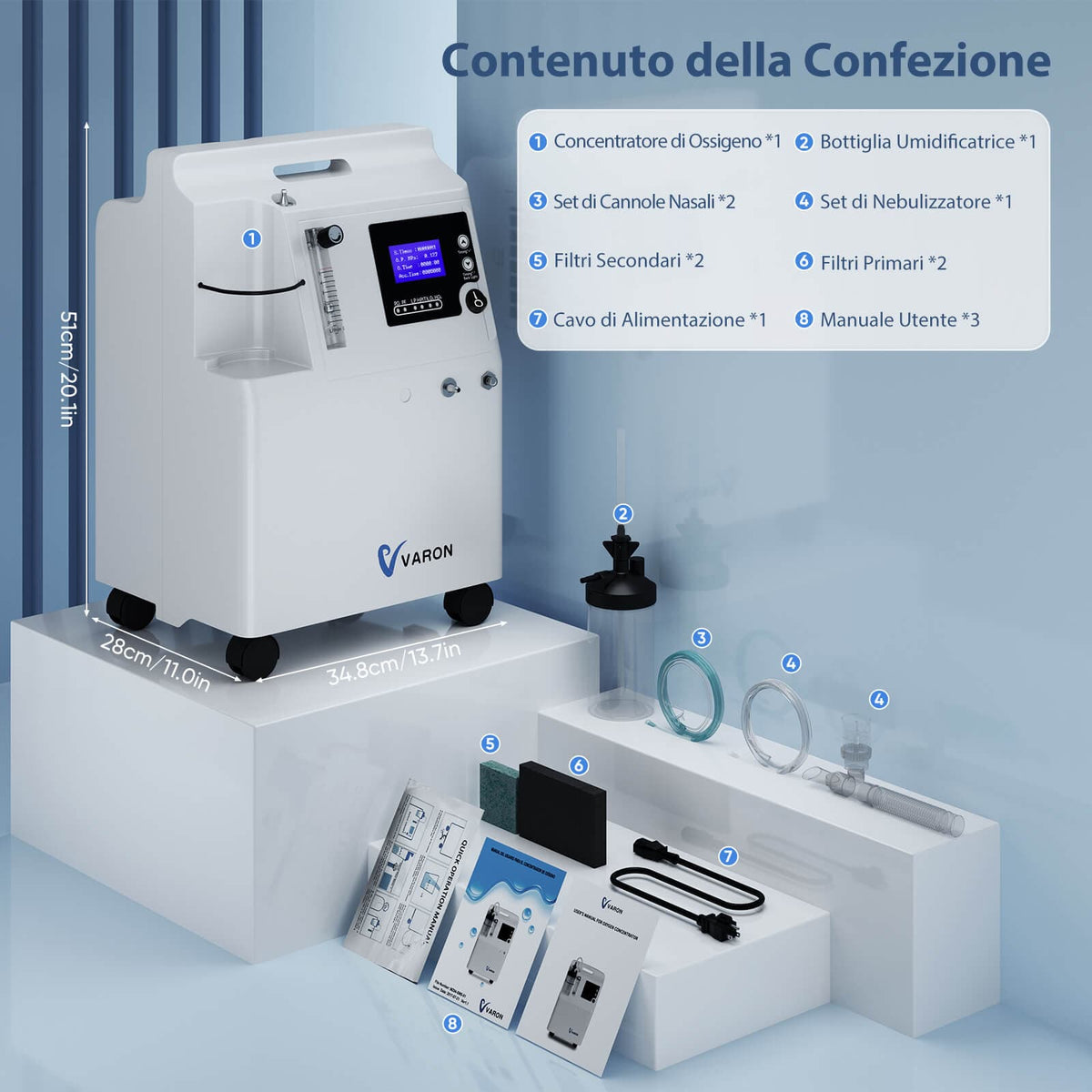 VARON Serene 5 | Concentratore di ossigeno domestico di grado medico approvato FDA, flusso 0,5–5 L/min