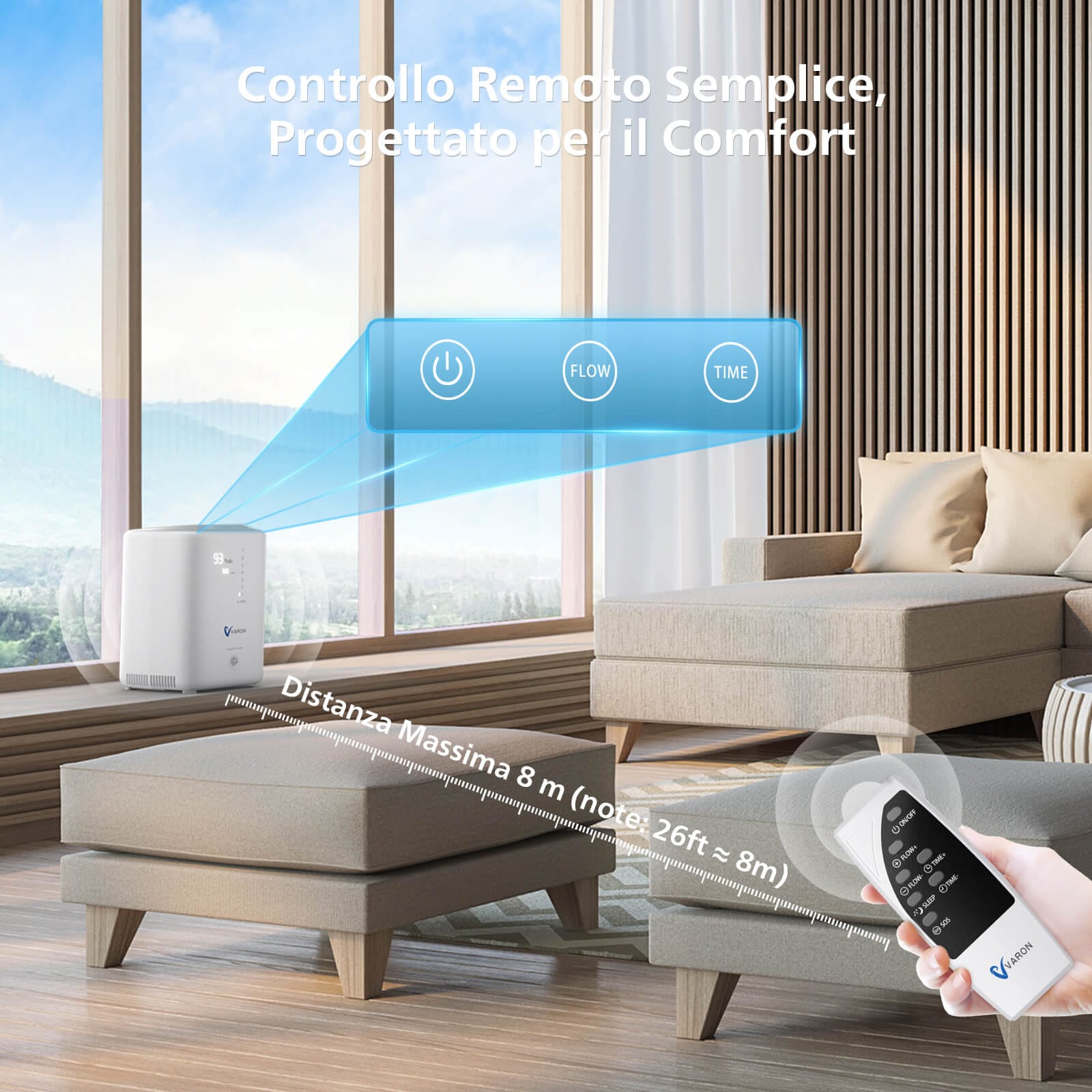 Concentratore di ossigeno VARON VH-3 per uso domestico, flusso regolabile 1–7 L/min