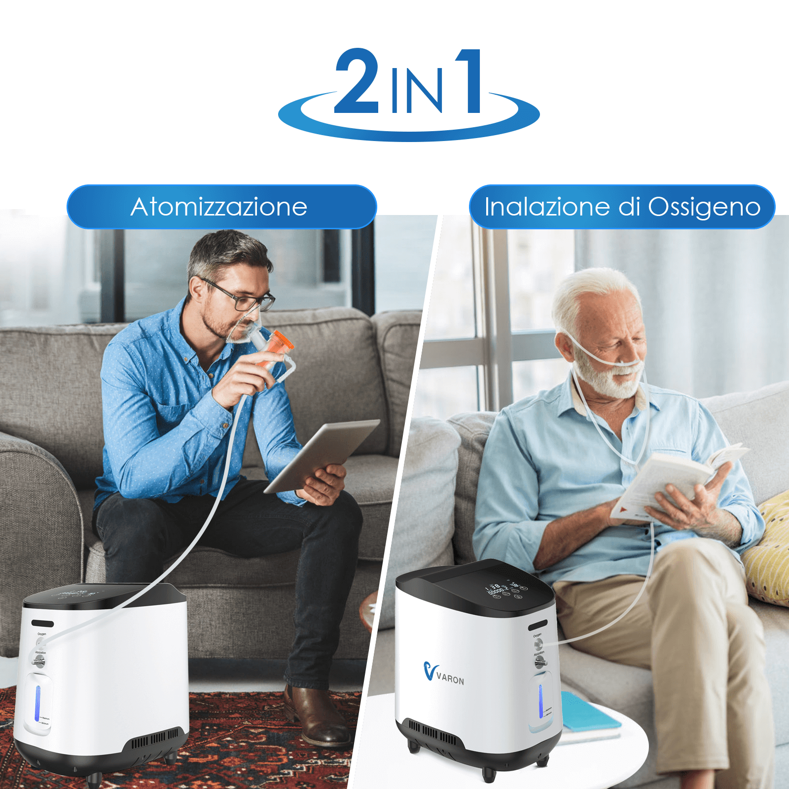 Concentratore di ossigeno VARON VH-2 per uso domestico, 1–7 L/min regolabile