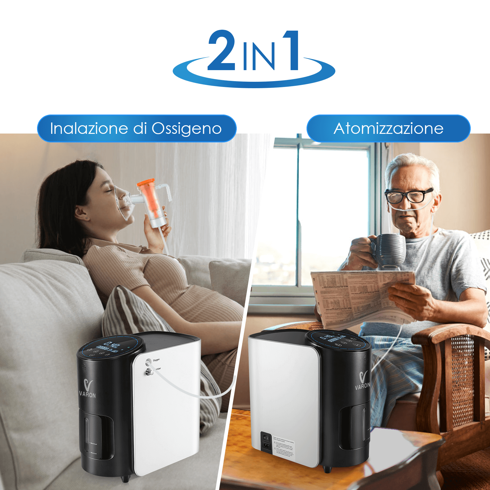 Concentratore di ossigeno VARON VH-1 per uso domestico, 1–7 L/min regolabile