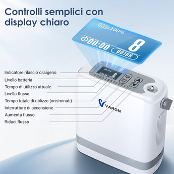 VARON VP-8G | Concentratore di ossigeno portatile con tecnologia a dose pulsata (8 livelli regolabili)