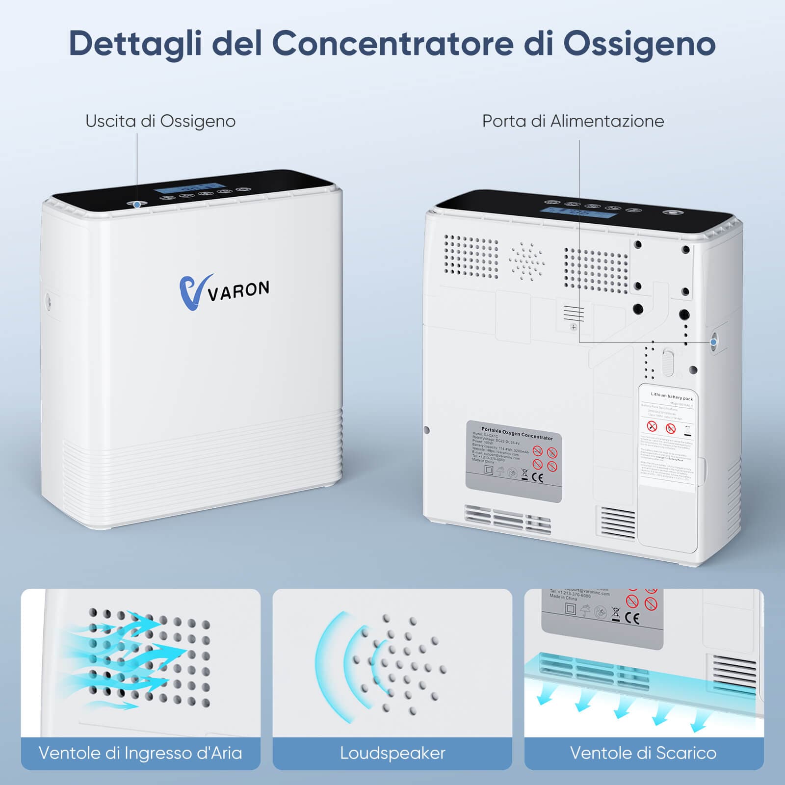 Concentratore di ossigeno portatile VARON VP-6, flusso continuo 1–6 L/min