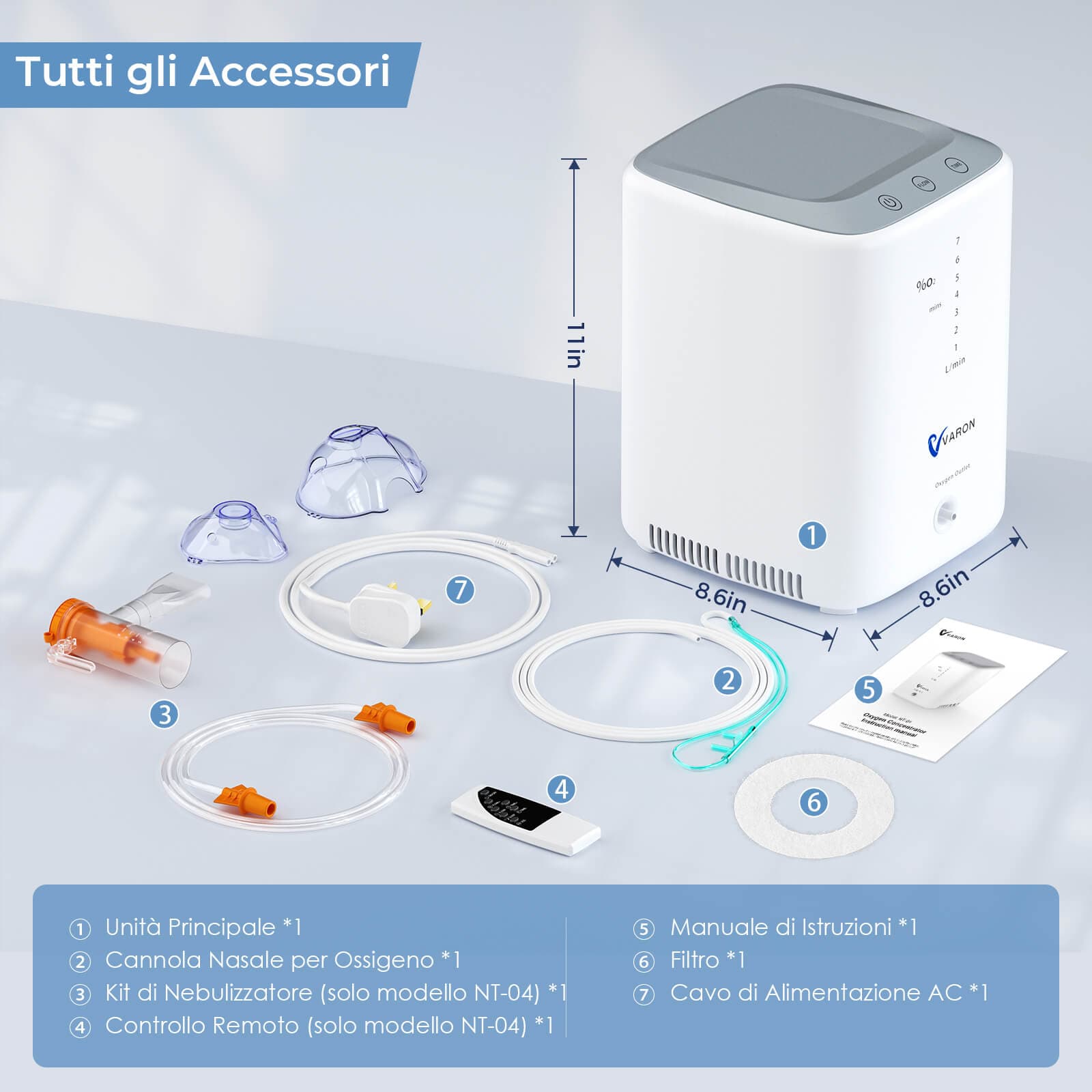 Concentratore di ossigeno VARON VH-3 per uso domestico, flusso regolabile 1–7 L/min