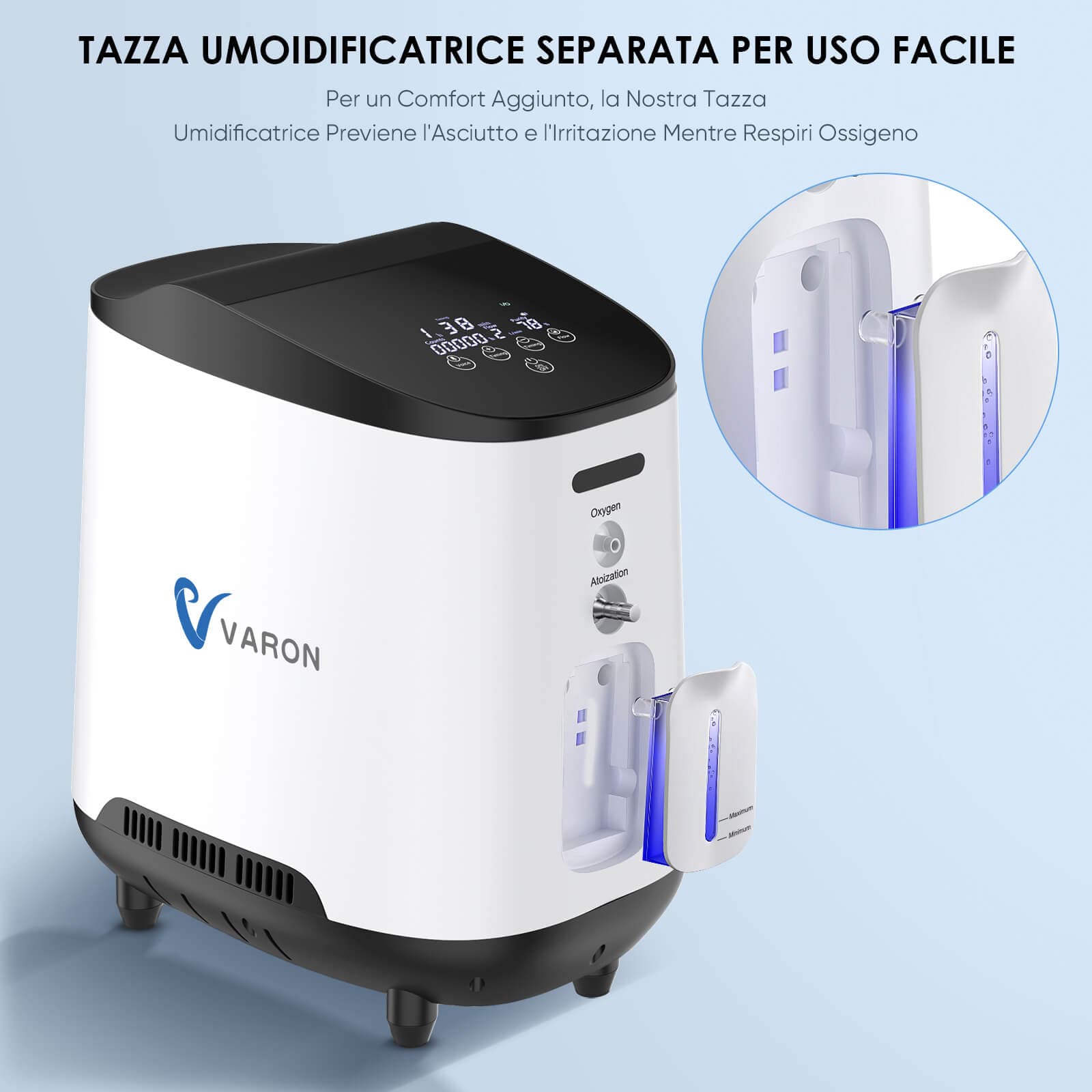 Concentratore di ossigeno VARON VH-2 per uso domestico, 1–7 L/min regolabile
