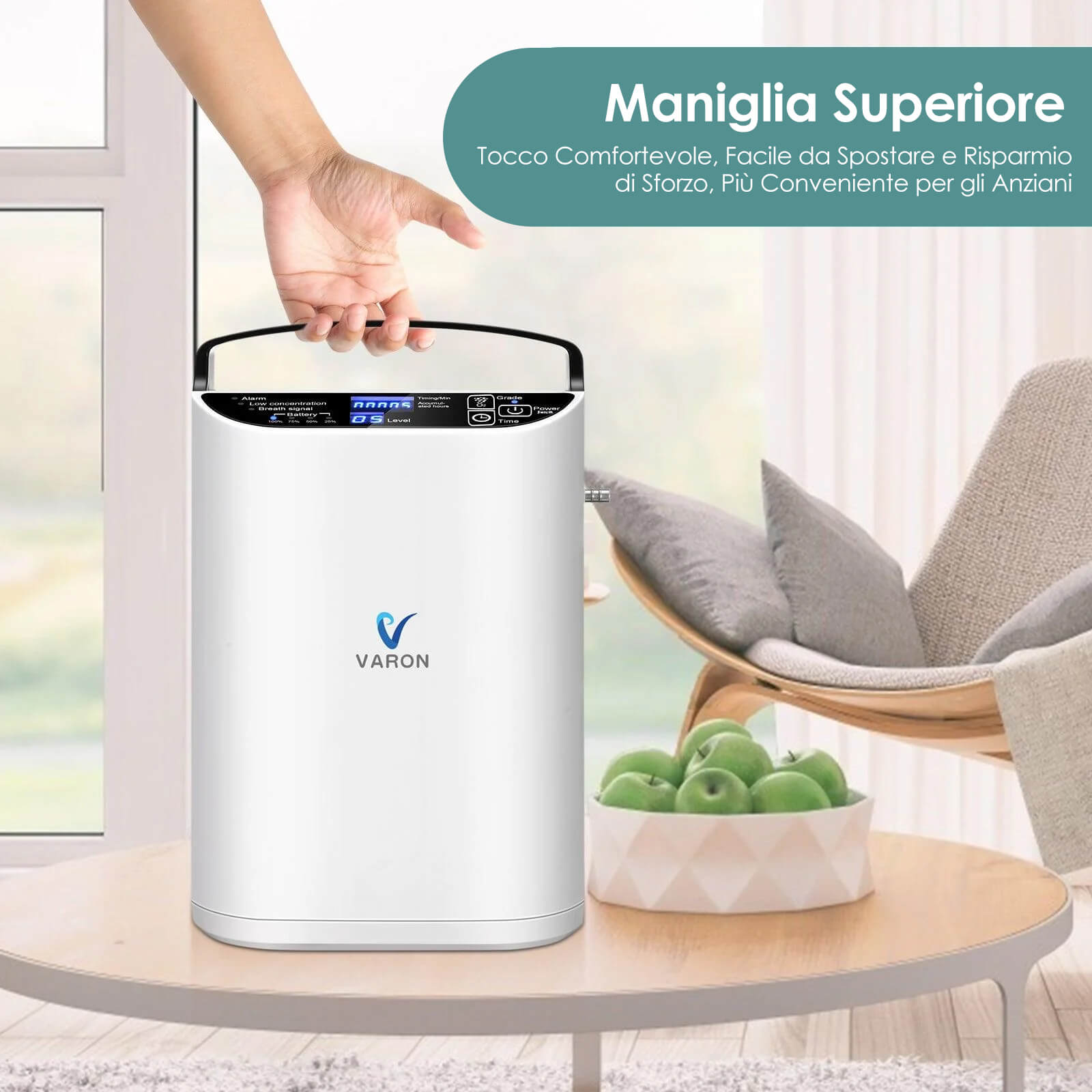 Concentratore di ossigeno portatile VARON VP-1, flusso pulsato 1–5 livelli