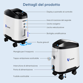 VARON VH-2 PRO Concentratore di ossigeno domestico | Flusso continuo regolabile, certificato CE (9 livelli)