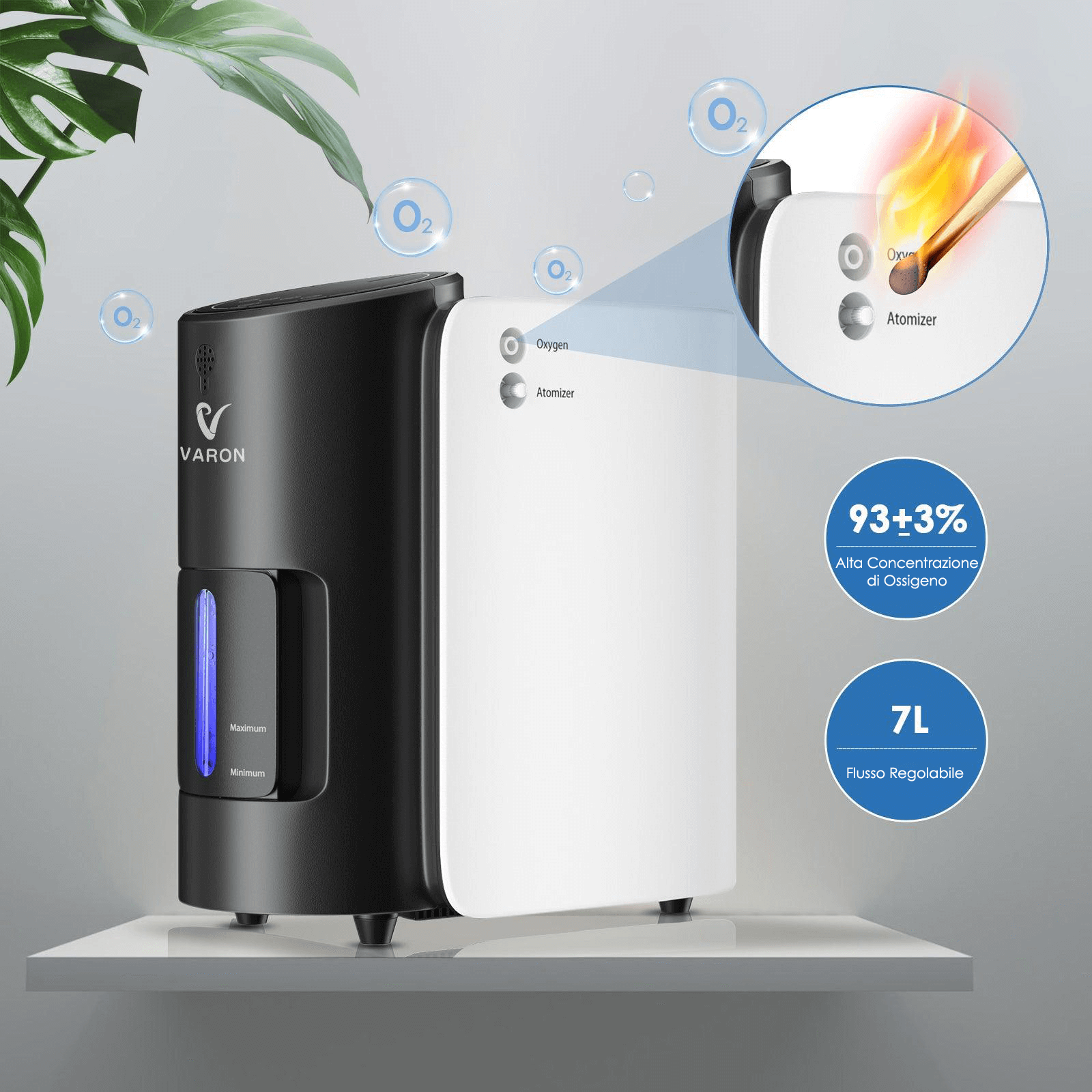 Concentratore di ossigeno VARON VH-1 per uso domestico, 1–7 L/min regolabile