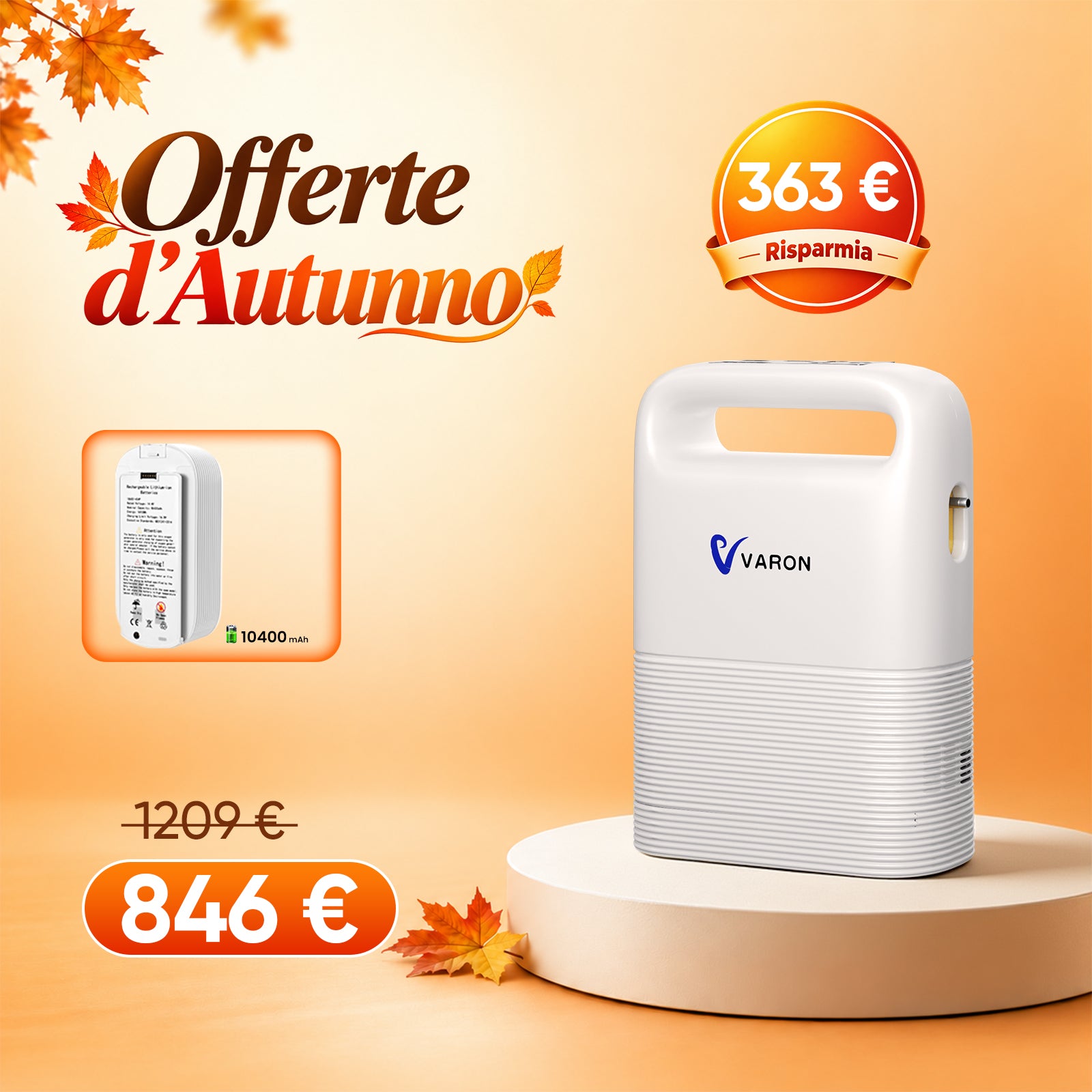 VARON VP-2 | Concentratore di ossigeno portatile a flusso pulsato, con batteria, ossigeno al 93%, lunga durata della batteria, certificazione CE