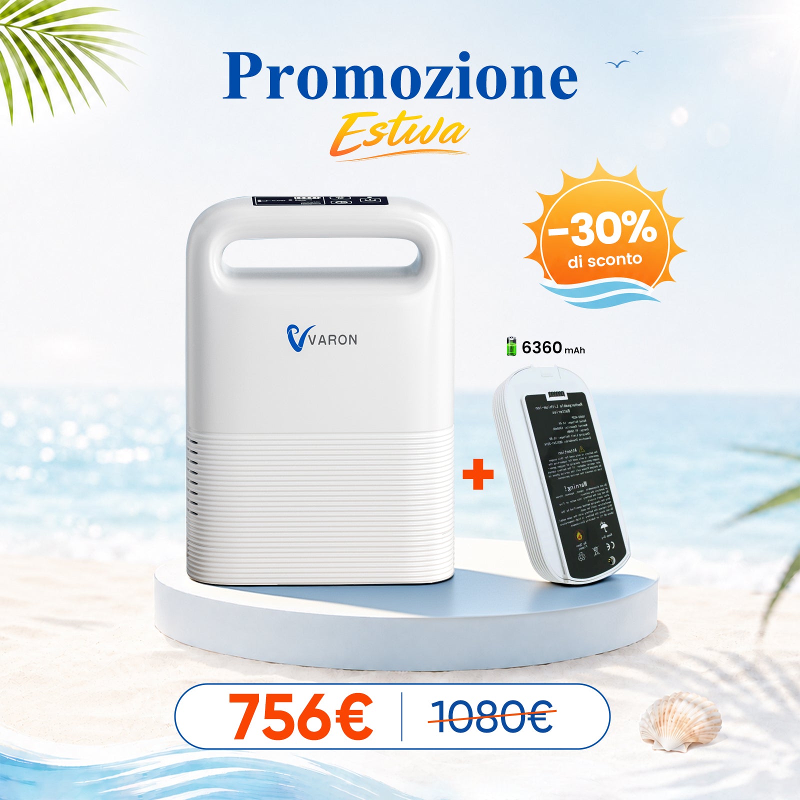 VARON VP-2 | Concentratore di ossigeno portatile a flusso pulsato, con batteria, ossigeno al 93%, lunga durata della batteria, certificazione CE