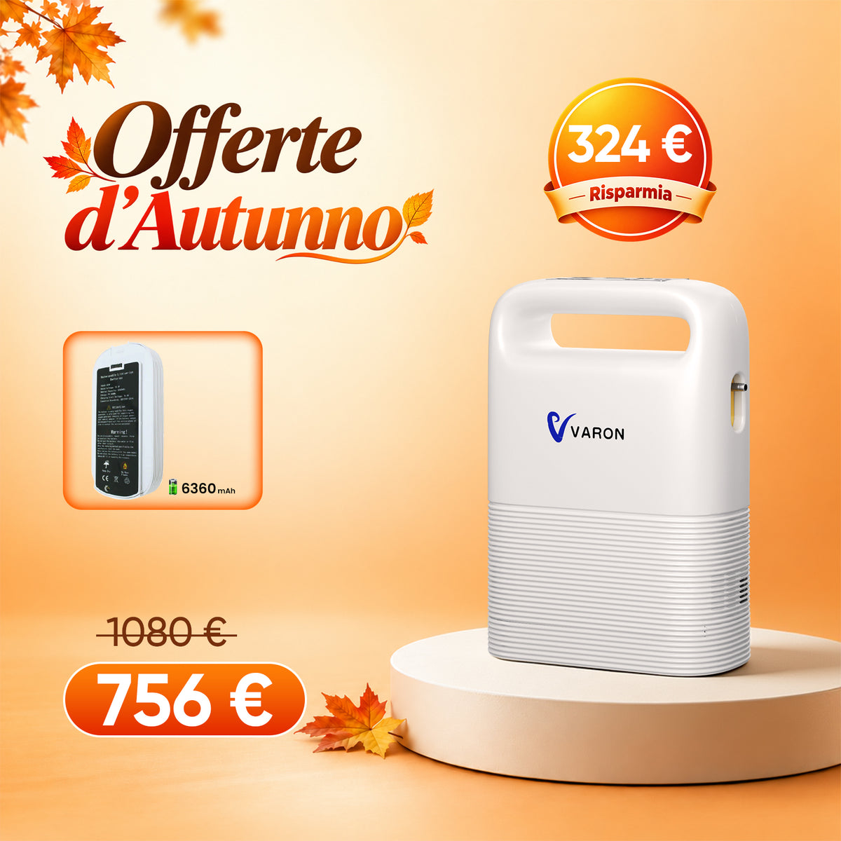 VARON VP-2 | Concentratore di ossigeno portatile a flusso pulsato, con batteria, ossigeno al 93%, lunga durata della batteria, certificazione CE