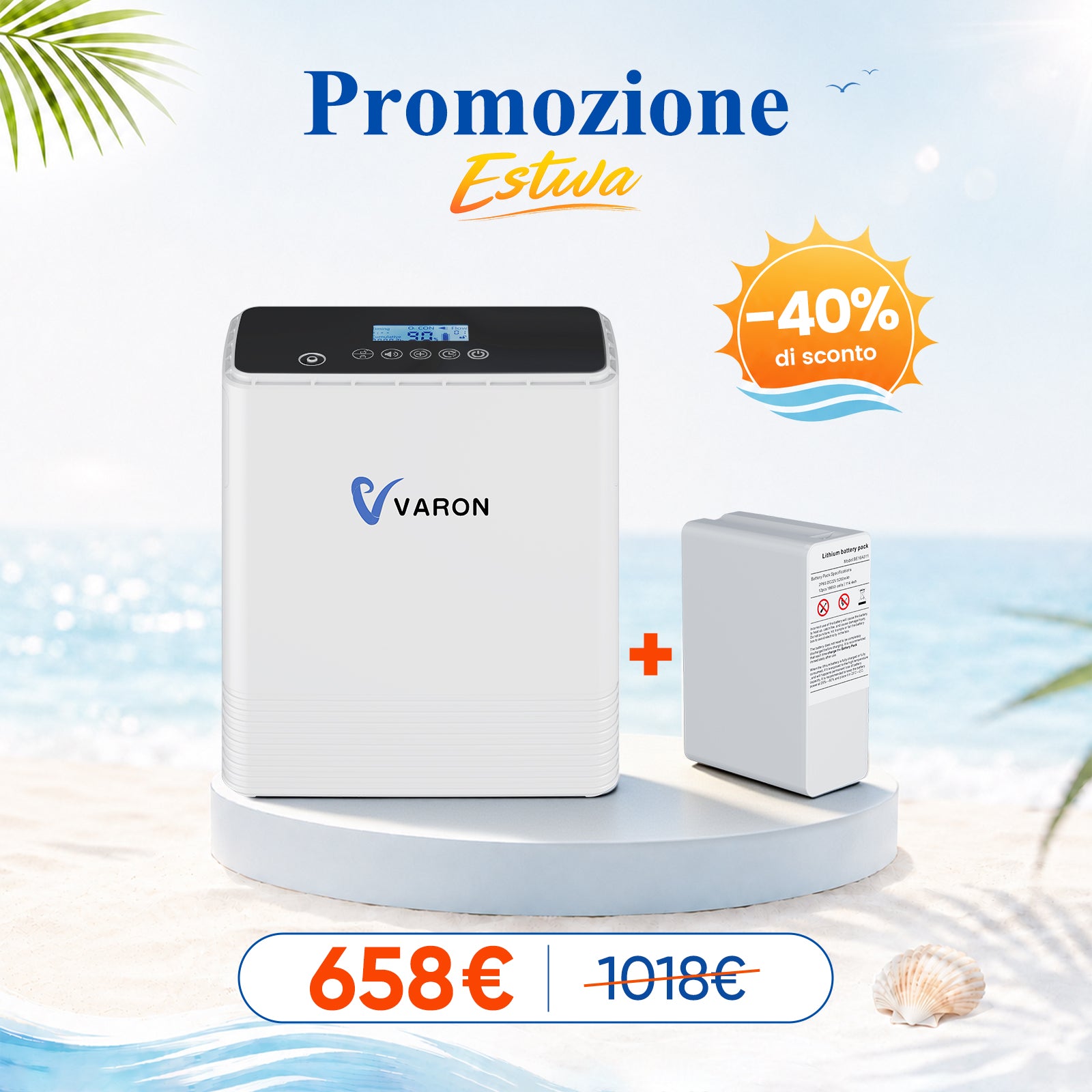 VARON VP-6 | Concentratore di ossigeno portatile a flusso continuo, con batteria, controllo a 6 livelli, certificazione CE