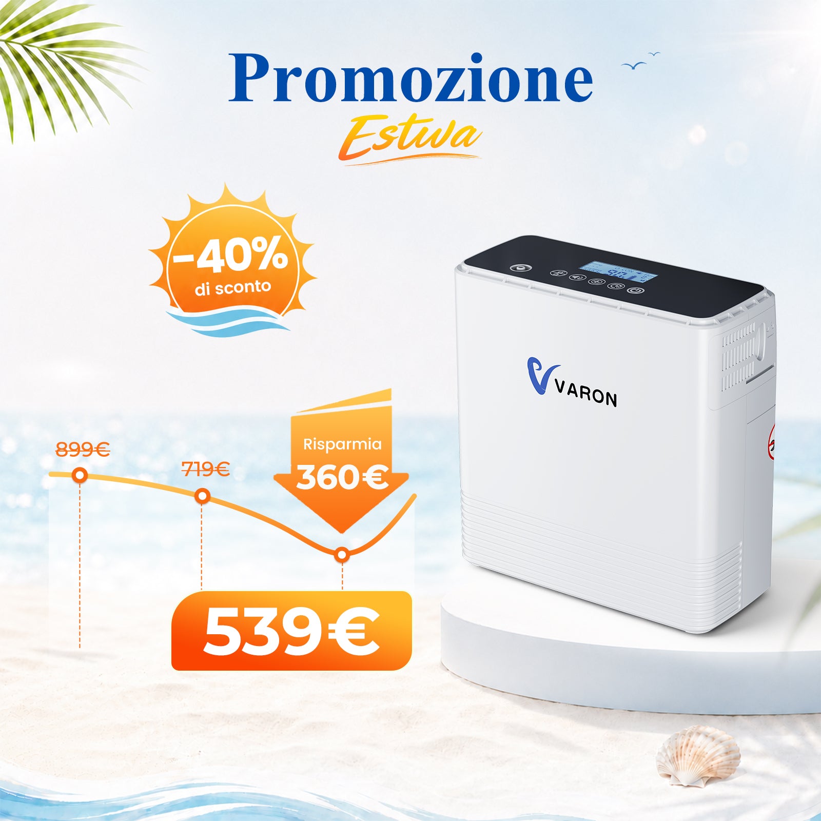 VARON VP-6 | Concentratore di ossigeno portatile a flusso continuo, con batteria, controllo a 6 livelli, certificazione CE